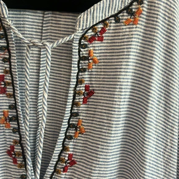 Zara Boho Mini Dress Blue and White Striped Embroidered size Small - Picture 12 of 12